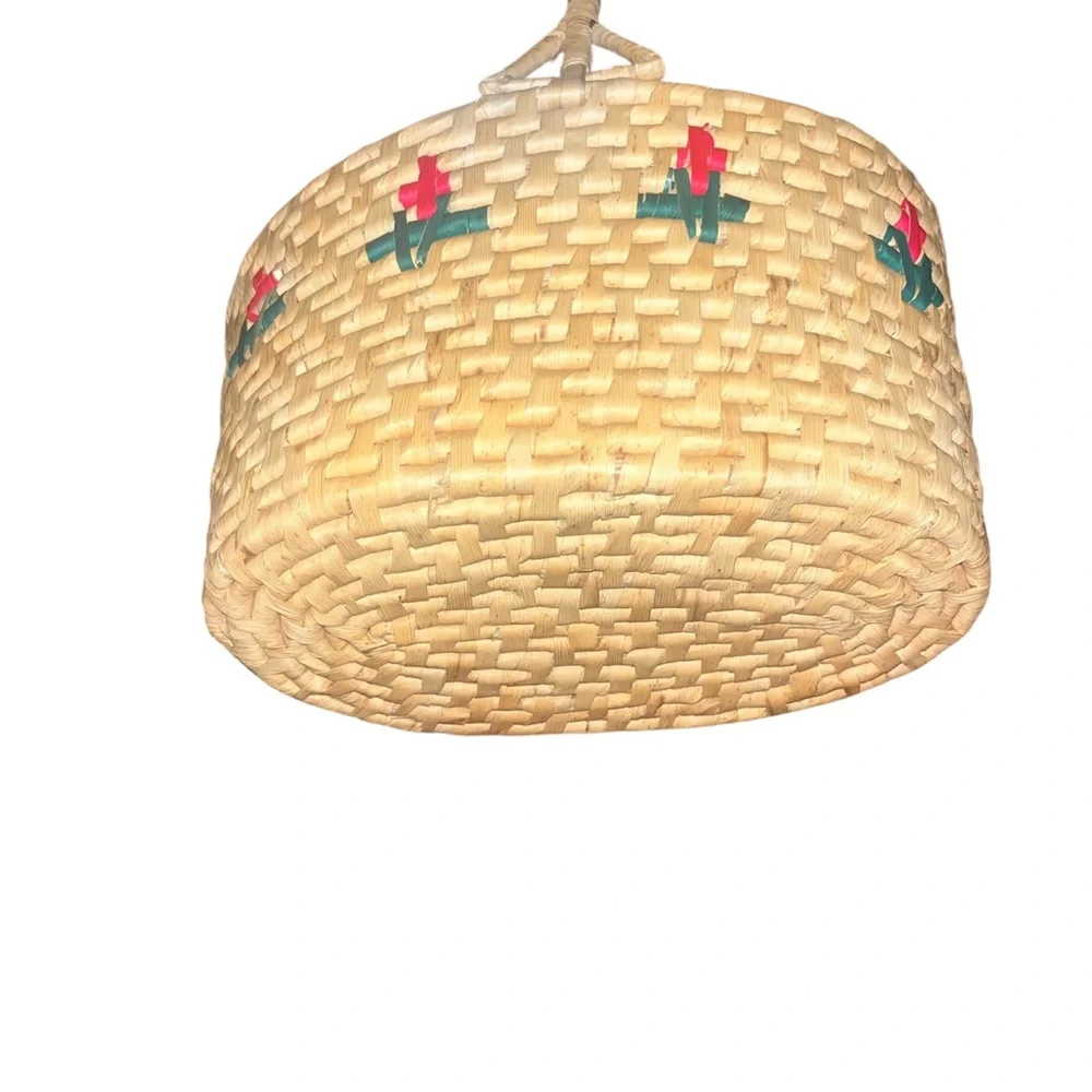 Vintage Hand Woven Basket w Handle Red Green Pattern for Holiday Decor